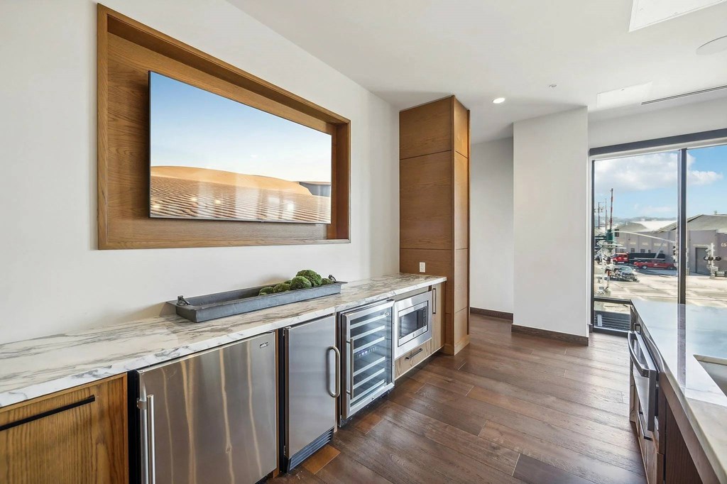 Electric appliances in kitchen at Bayview Apartments, Emeryville, California
