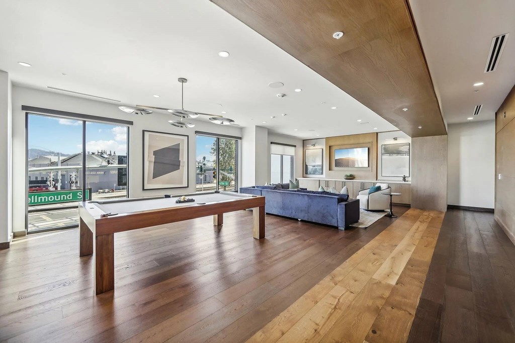 Pool table with light at Bayview Apartments, Emeryville, CA, 94608