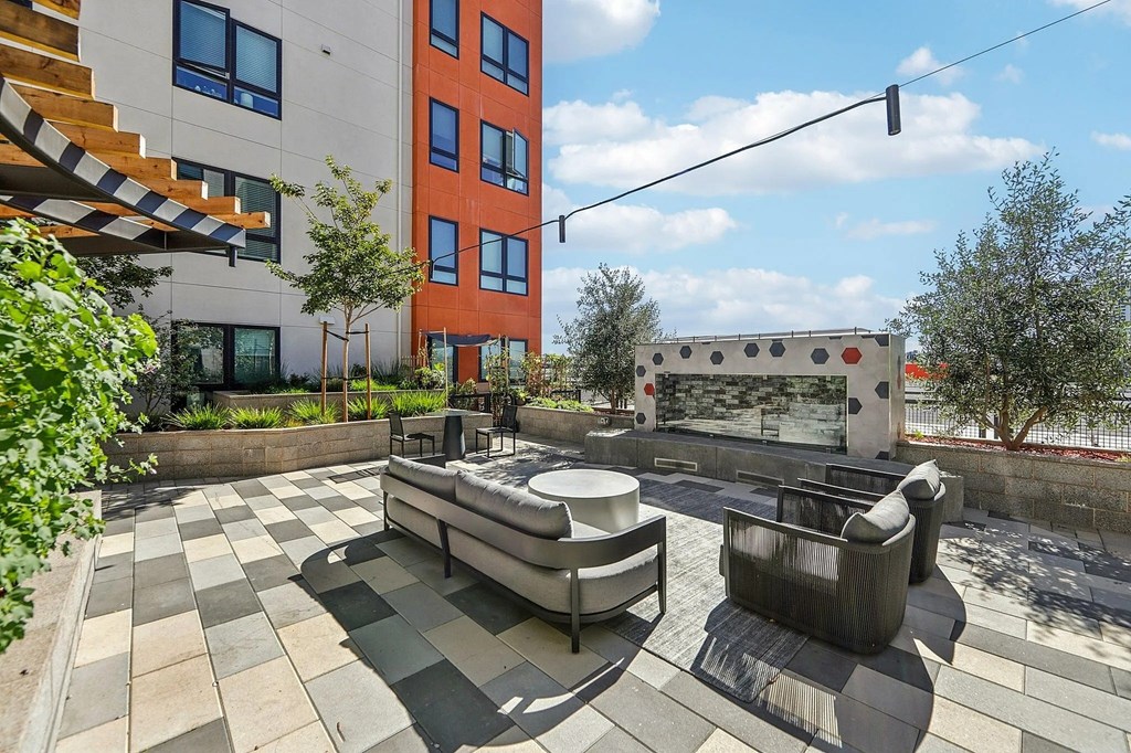 Seating area in open with couch at Bayview Apartments, California