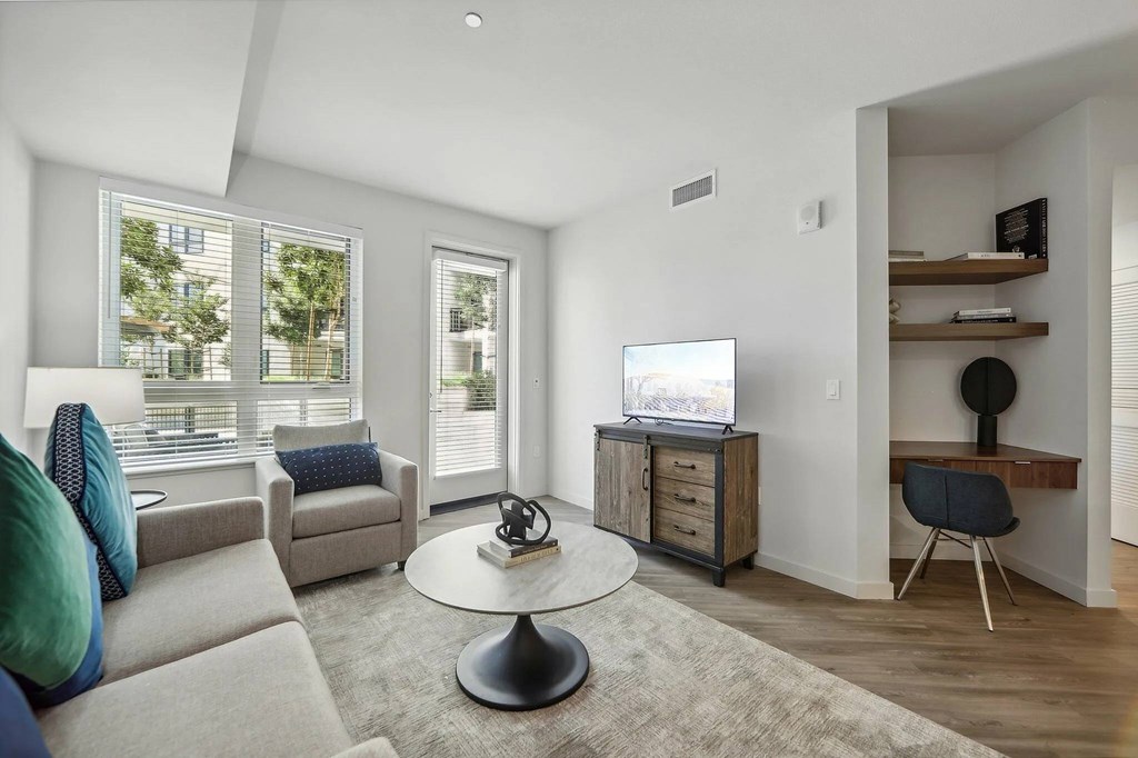 Decorated living room at Bayview Apartments, Emeryville, 94608