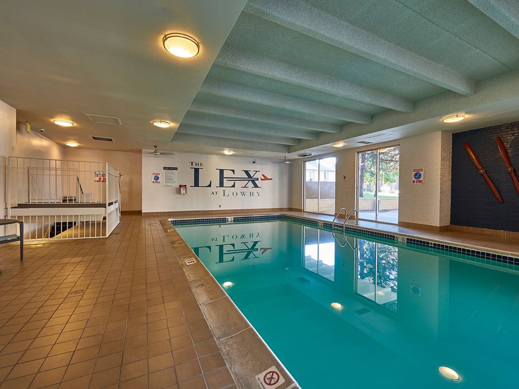 A large indoor swimming pool  at The Lex At Lowry, Denver, CO