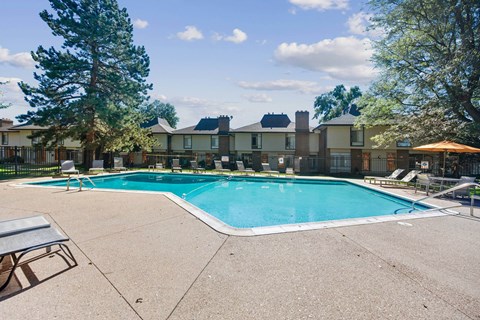 A swimming pool surrounded by a concrete patio and trees.