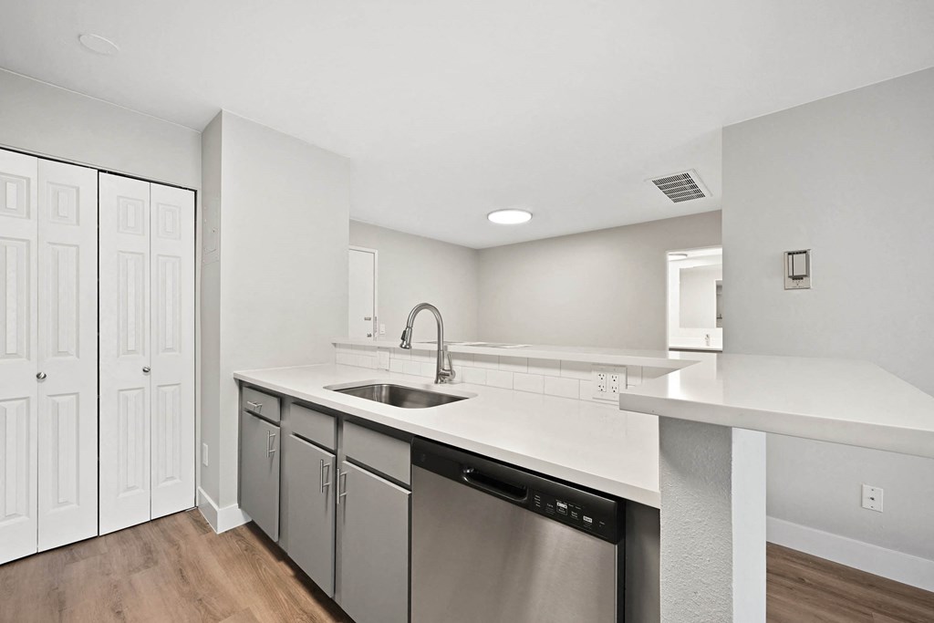 A modern kitchen with white cabinets and a stainless steel dishwasher. at The Lex At Lowry, Denver, Colorado