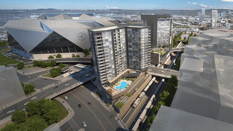 A Mercedes-Benz Stadium is shown in an artist's rendering at The Mitchell in Downtown Atlanta