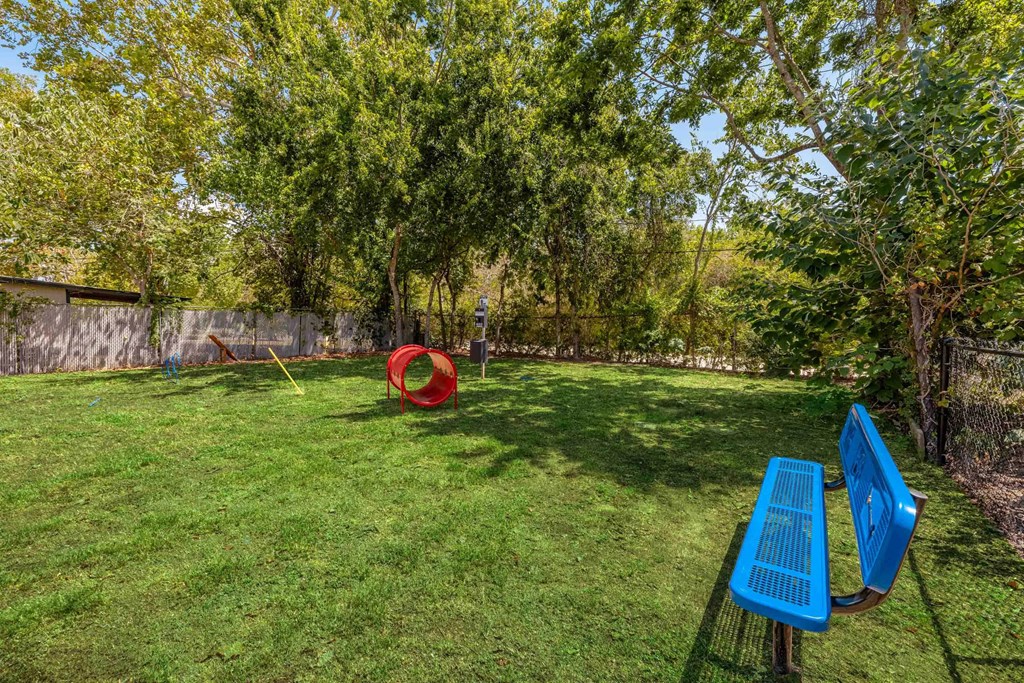 A red and blue picnic table sits in a grassy yard.