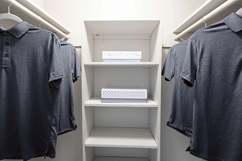 Closet with shelves and hanging shirts.