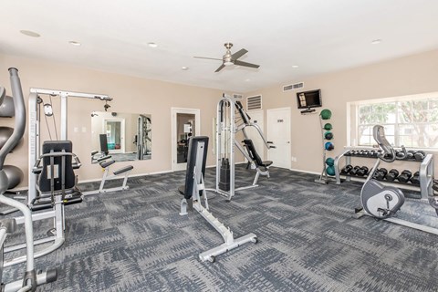 Fitness center with exercise equipment at Park at LeBlanc Apartments, Texas