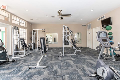 Fitness center with cardio and strength training equipment at Park at LeBlanc Apartments, Texas