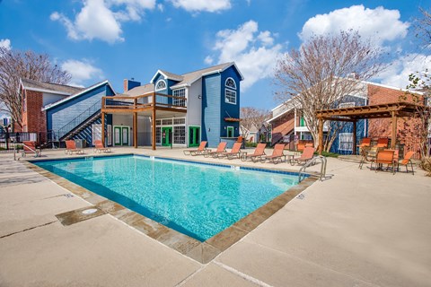 Pool area with sundeck clubhouse and pergola at Park at LeBlanc Apartments, Texas, 76132