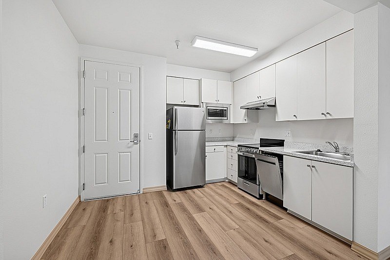 Kitchen with wooden floor at Parkview Living Apartments, California, 90026