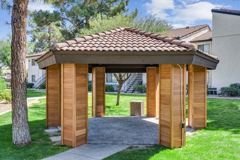 A wooden gazebo at Solara, Phoenix Arizona