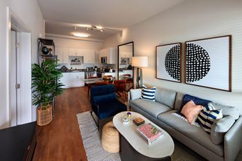 Decorated living room with natural light at Sora Apartments, Inglewood
