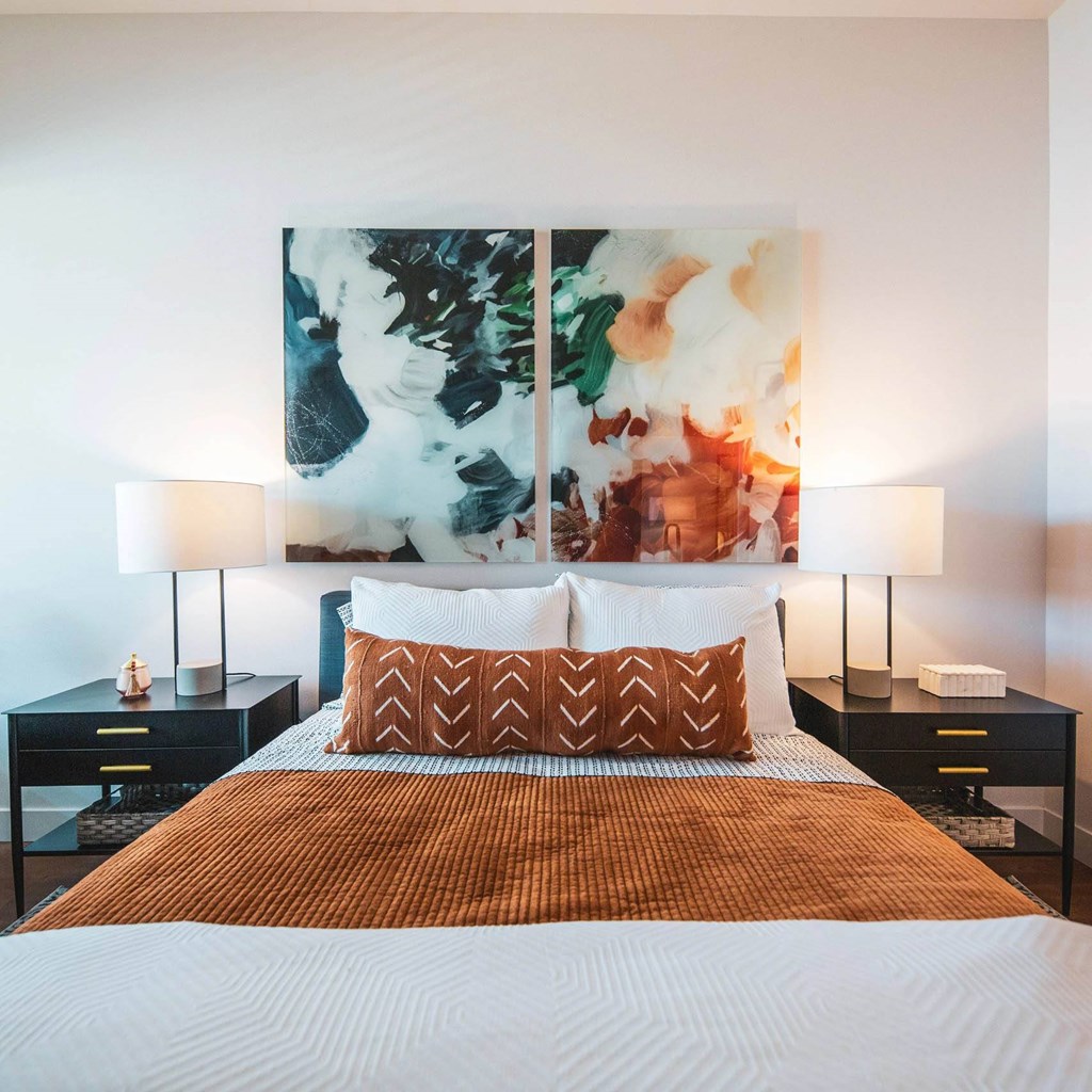 Comfortable bed at Sora Apartments, Inglewood, California