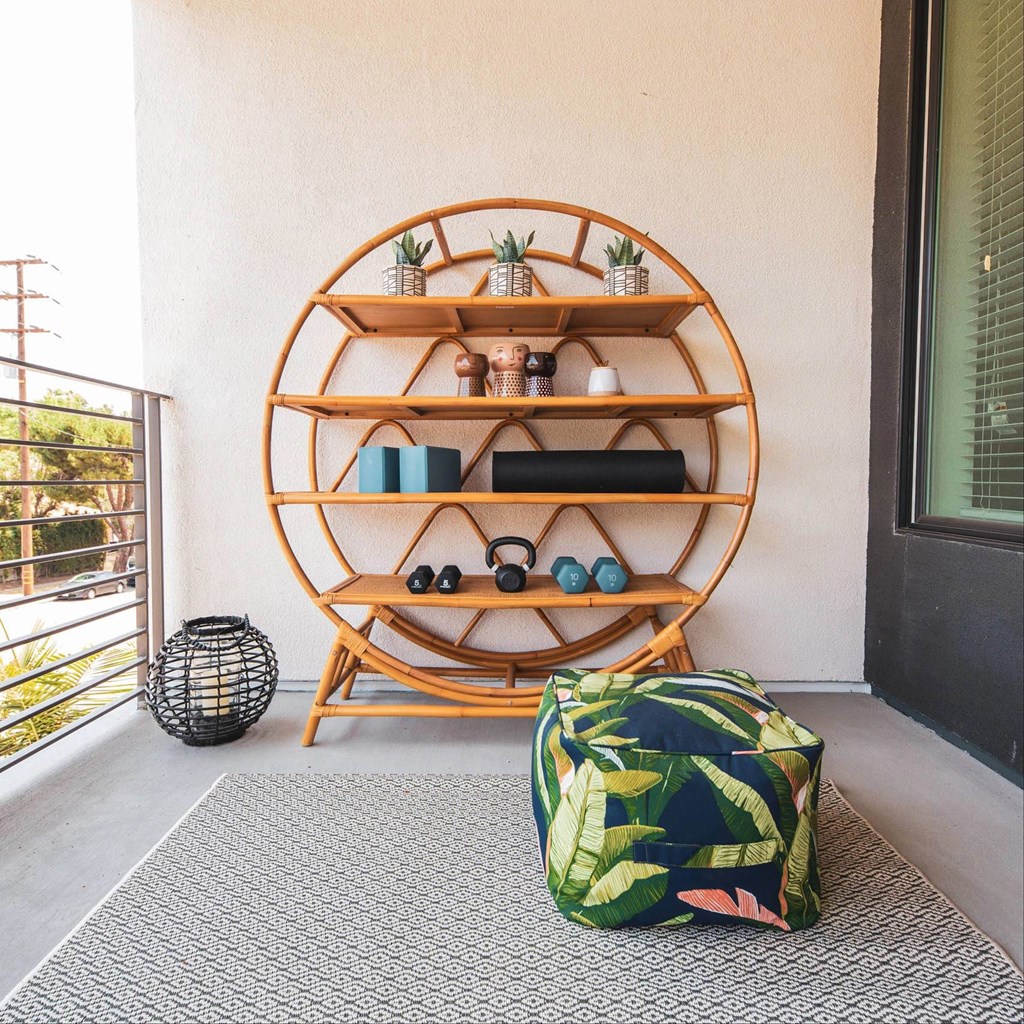 Decorated balcony at Sora Apartments, Inglewood, CA, 90302