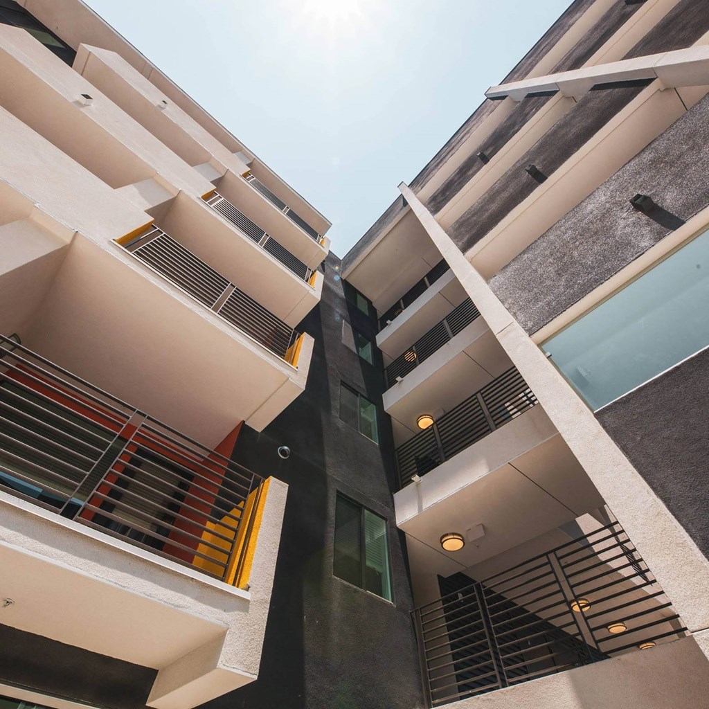 Unique design of building at Sora Apartments, Inglewood, California