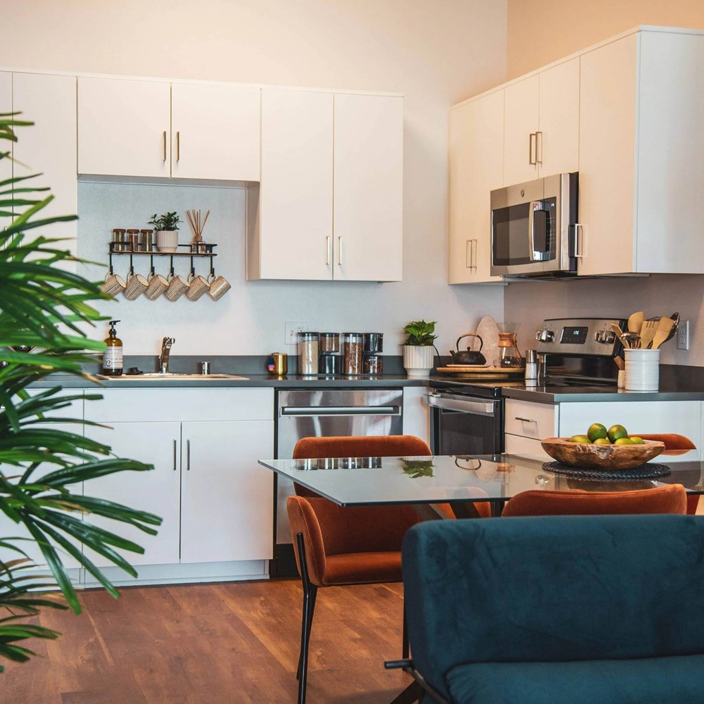Beautifully decorated kitchen at Sora Apartments, Inglewood, CA, 90302