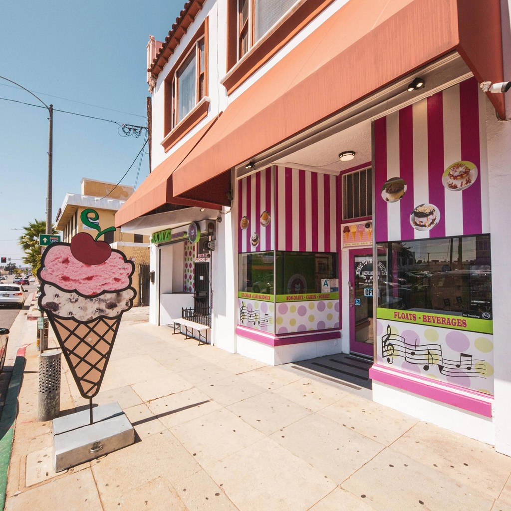 Colorful ice cream shop at Sora Apartments, Inglewood, California, 90302