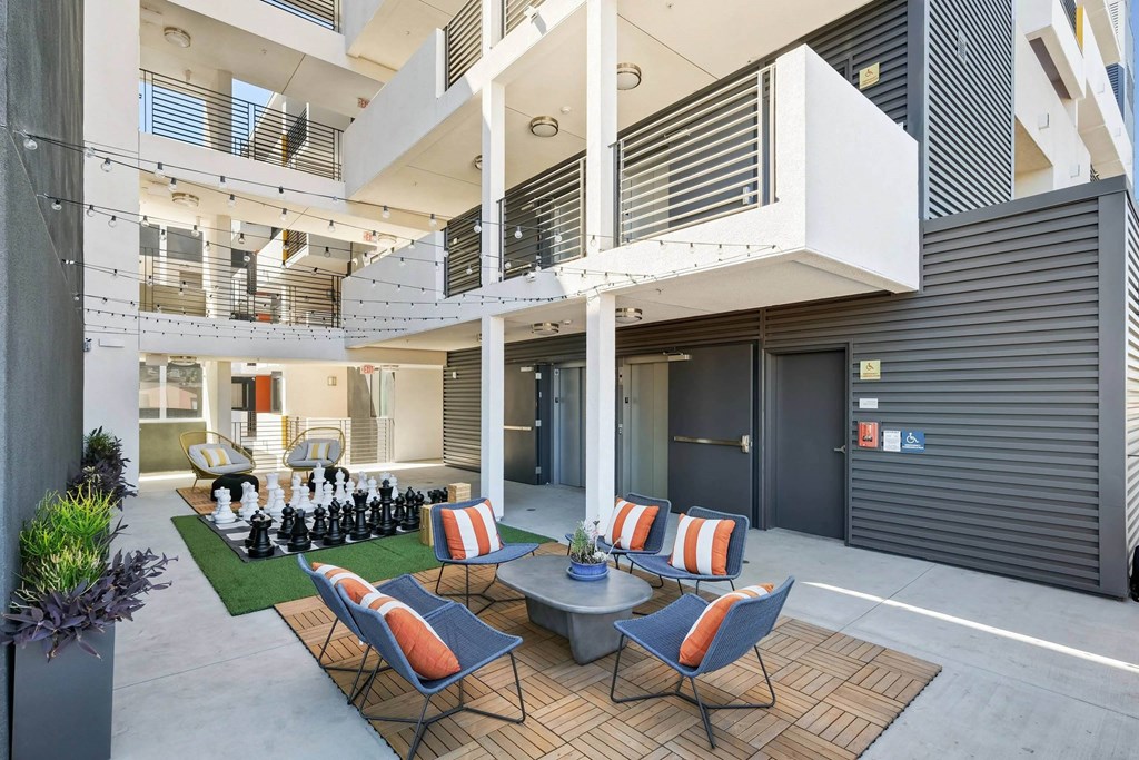 Large chess board set at Sora Apartments, California