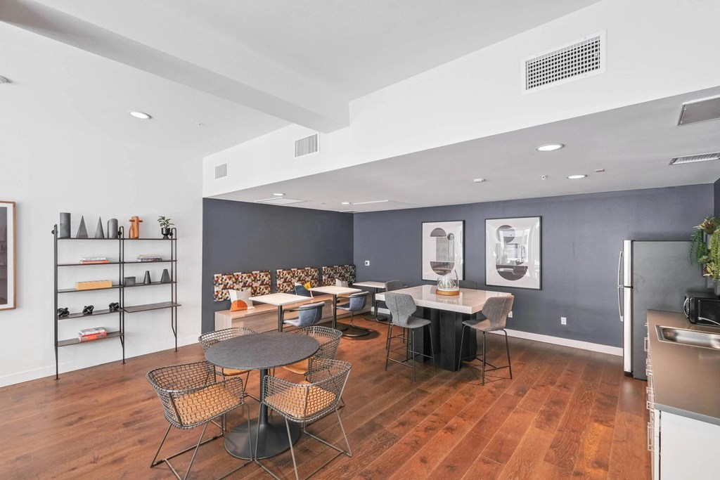 Clubhouse with kitchen and refrigerator at Sora Apartments, Inglewood, CA