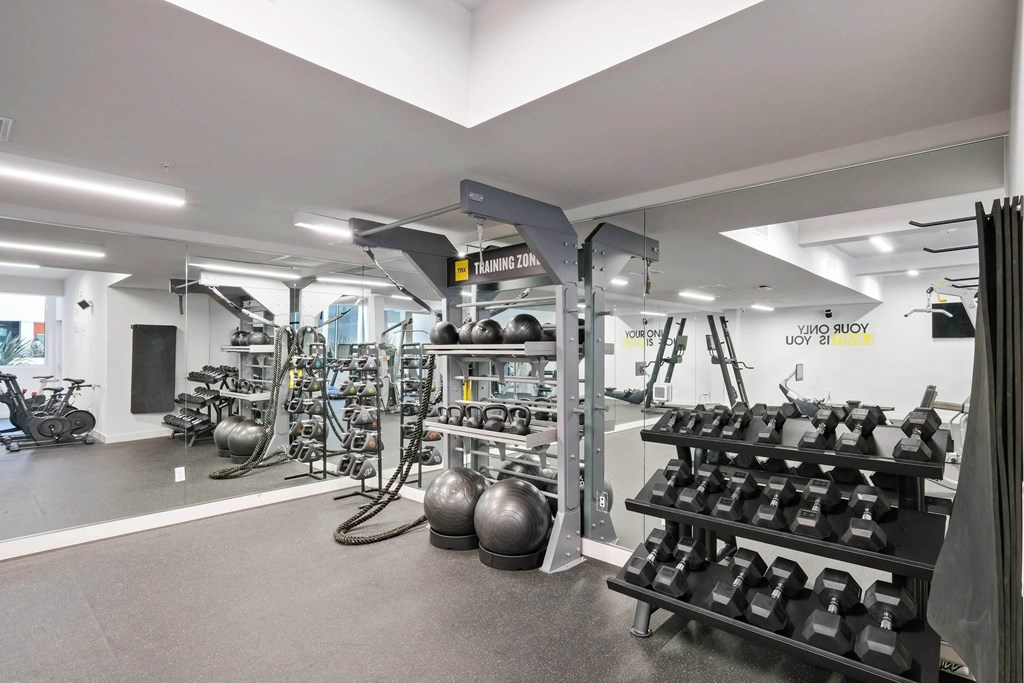 Fitness center with variety of equipments at Sora Apartments, Inglewood, California, 90302