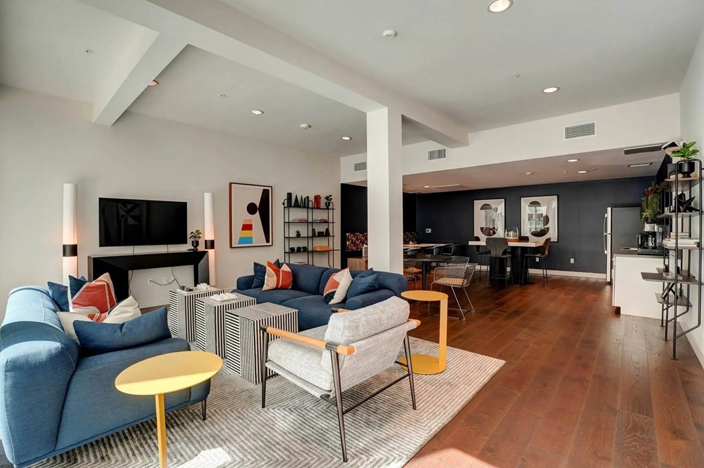 Beautiful living room with TV at Sora Apartments, Inglewood, CA