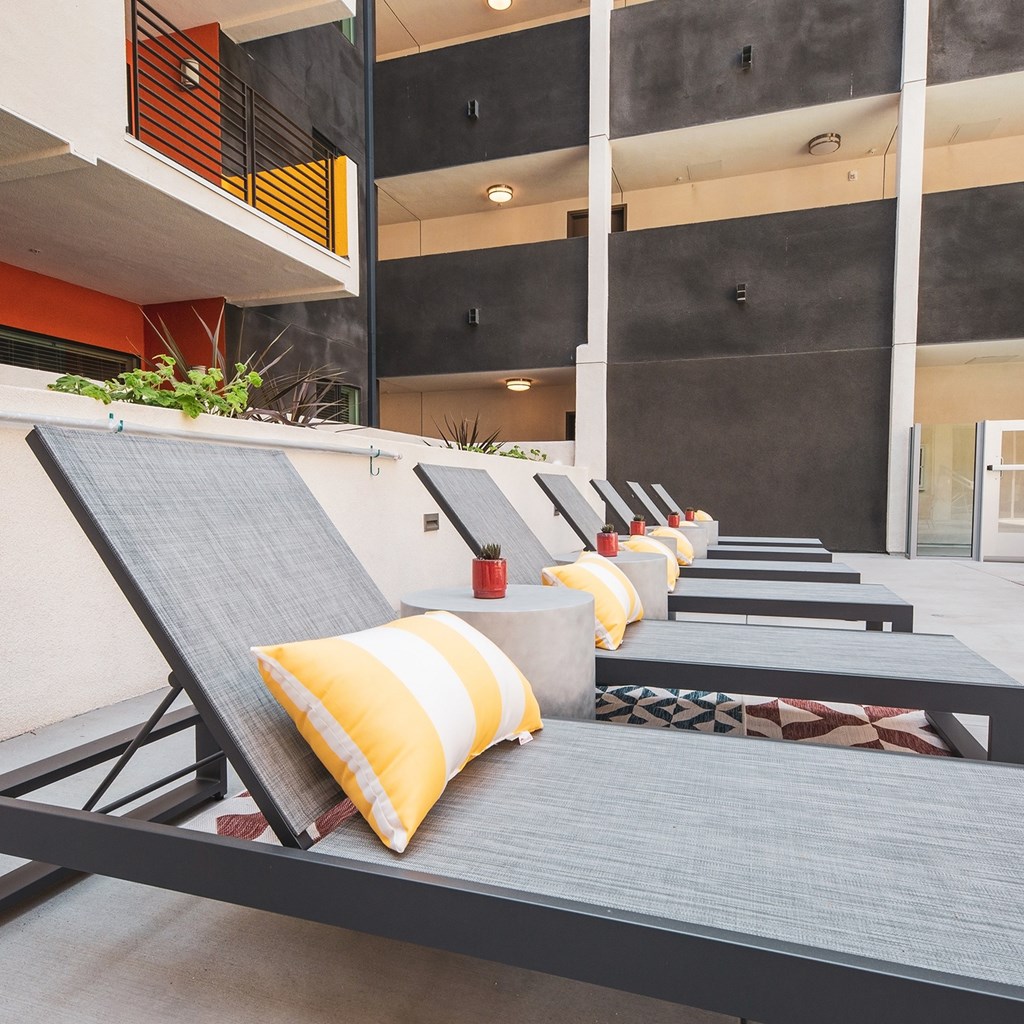 Lounge chairs at Sora Apartments, Inglewood, California
