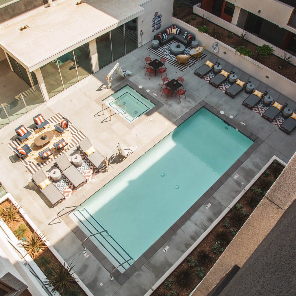 Aerial view of the pool at Sora Apartments, Inglewood, CA, 90302