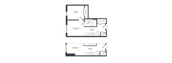 A floor plan of a small apartment with a bedroom, living/dining area, kitchen, and bathroom.