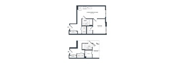 A floor plan of a house with a living room, dining room, kitchen, and two bedrooms.
