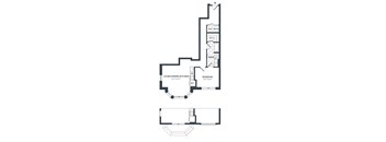 A black and white image of a floor plan for a one bedroom apartment.