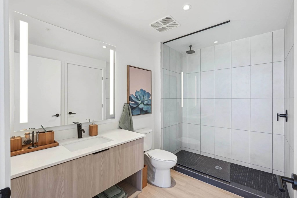 Bathroom with shower at Velaris Living Apartments, Denver, CO