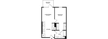 A black and white image of a floor plan for a home with a balcony, living/dining area, kitchen, bathroom, and bedroom.