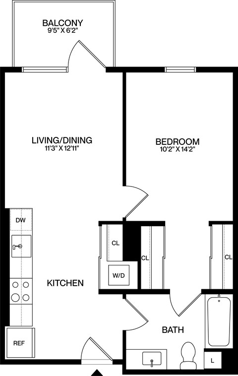 A black and white image of a floor plan for a home with a balcony, living/dining area, kitchen, bathroom, and bedroom.