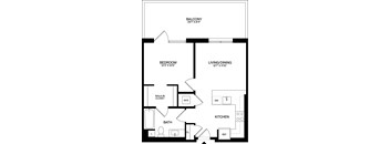 A floor plan of a home with a balcony, bedroom, living/dining area, kitchen, bathroom, and walk-in closet.