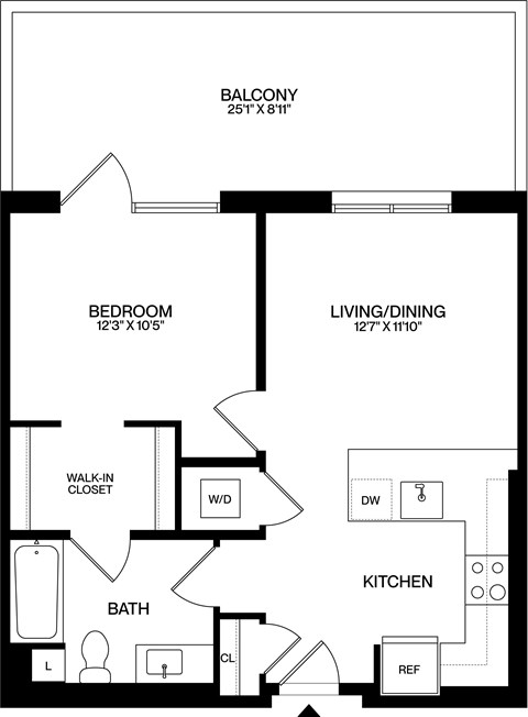 A floor plan of a home with a balcony, bedroom, living/dining area, kitchen, bathroom, and walk-in closet.