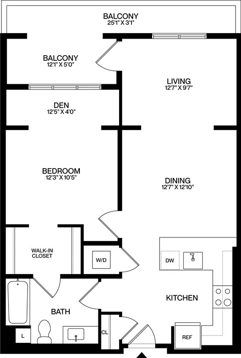 A floor plan of a home with a living room, dining room, kitchen, and bathroom.