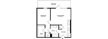 A black and white image of a floor plan for a home with a balcony, bathroom, kitchen, living/dining area, and bedroom.