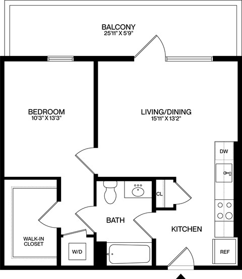 A black and white image of a floor plan for a home with a balcony, bathroom, kitchen, living/dining area, and bedroom.