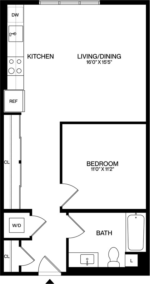 A black and white image of a floor plan for a small apartment.