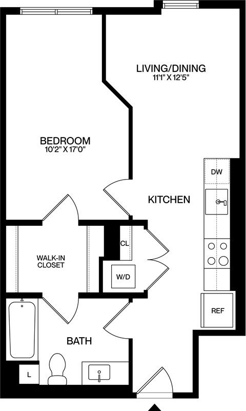 A floor plan of a home with a living/dining area, kitchen, bedroom, bathroom, and walk-in closet.
