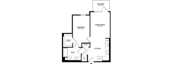 A black and white image of a floor plan for a home with a balcony, bedroom, living/dining area, kitchen, bathroom, and closet.