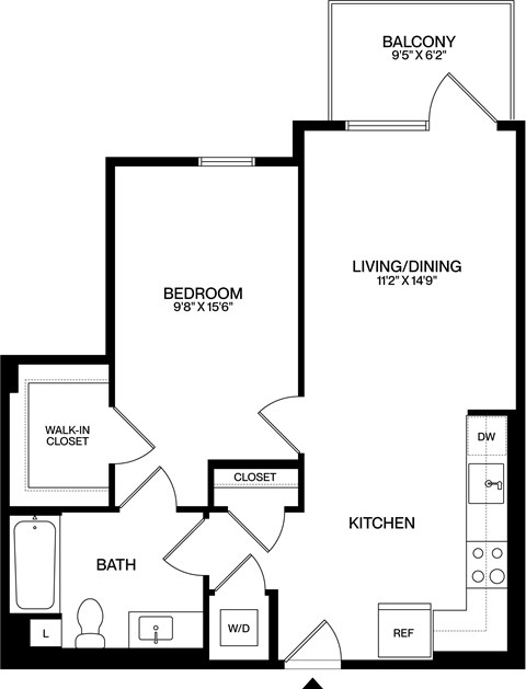 A black and white image of a floor plan for a home with a balcony, bedroom, living/dining area, kitchen, bathroom, and closet.