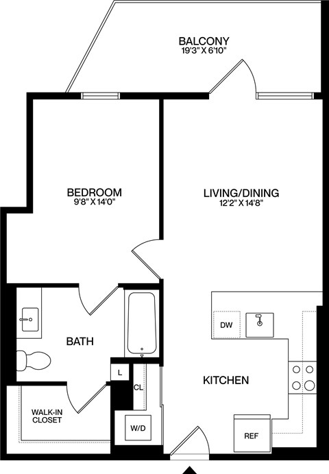 A black and white image of a house floor plan with a balcony, bedroom, bathroom, living/dining area, kitchen, and walk-in closet.