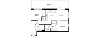 A black and white image of a floor plan for a balcony, kitchen, living/dining area, and two bedrooms.