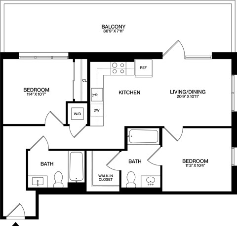 A black and white image of a floor plan for a balcony, kitchen, living/dining area, and two bedrooms.