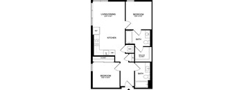 A black and white image of a floor plan for a home with a living/dining area, kitchen, two bedrooms, and two bathrooms.