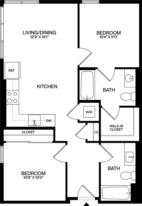 A black and white image of a floor plan for a home with a living/dining area, kitchen, two bedrooms, and two bathrooms.