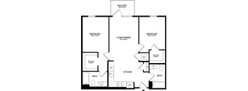 A black and white image of a floor plan for a home with a balcony, two bedrooms, a living/dining area, a kitchen, two bathrooms, a walk-in closet, and a reference area.