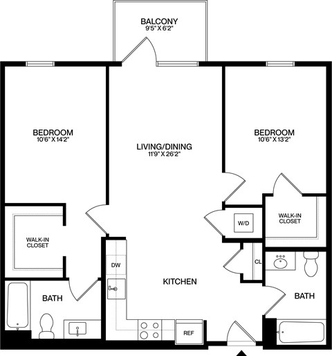 A black and white image of a floor plan for a home with a balcony, two bedrooms, a living/dining area, a kitchen, two bathrooms, a walk-in closet, and a reference area.