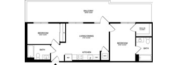 A black and white image of a floor plan for a balcony, living/dining area, kitchen, and two bedrooms.